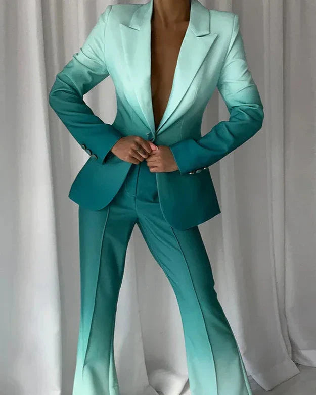 Thaïs – Groene Gradient Jas Set – Dames – Elegant Pak met Getailleerd Jasje