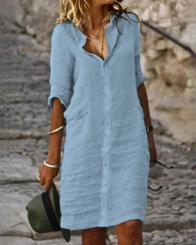 Geli | Linnen dames zomerjurk met V-hals, knoopsluiting en boho strandstijl