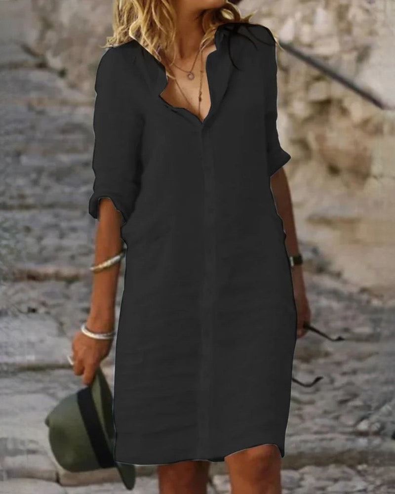 Geli | Linnen dames zomerjurk met V-hals, knoopsluiting en boho strandstijl