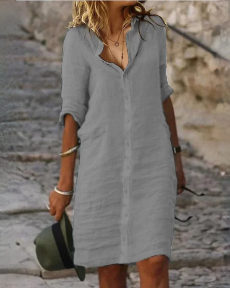 Geli | Linnen dames zomerjurk met V-hals, knoopsluiting en boho strandstijl