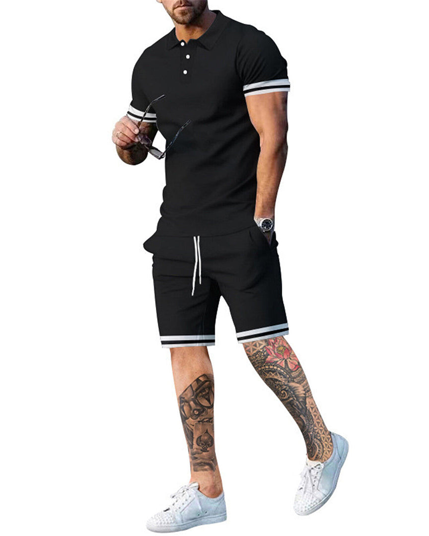 Casual Outfit Set voor Mannen – Lichtgewicht Polo met V-hals en Verstelbare Taille, Shorts met Zijzakken, Beschikbaar in Meerdere Kleuren 1