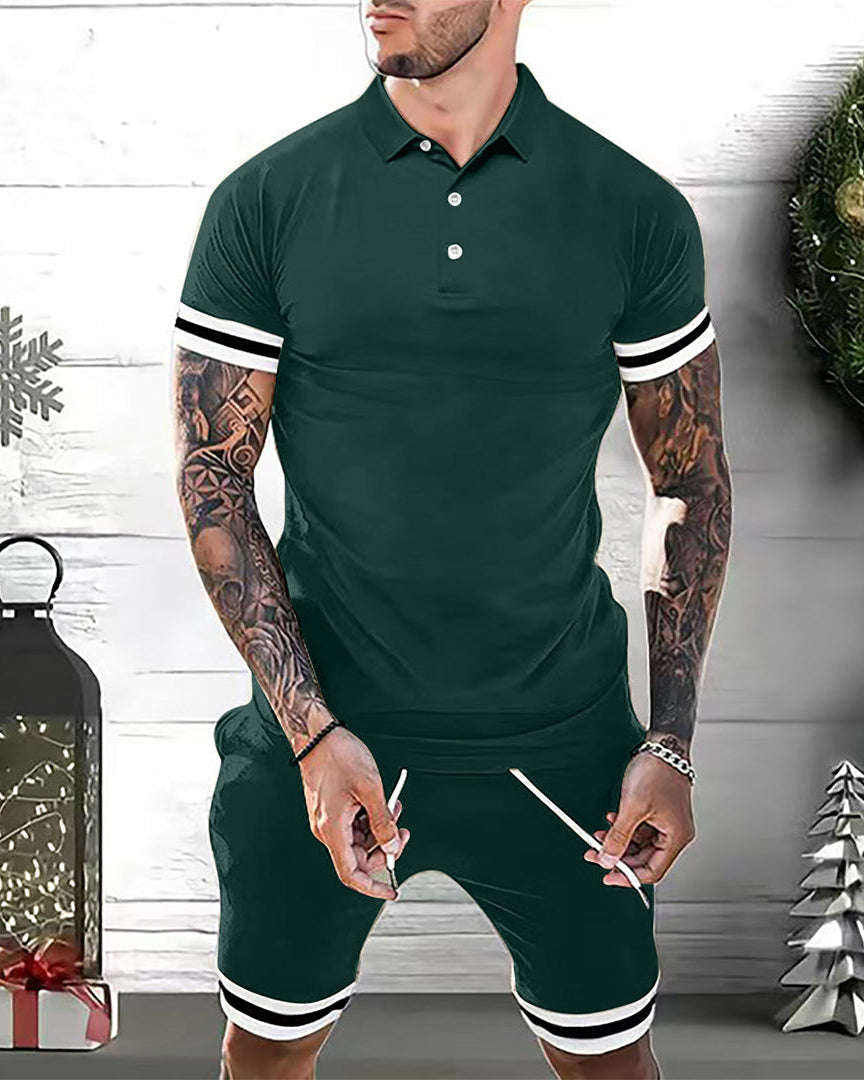 Casual Outfit Set voor Mannen – Lichtgewicht Polo met V-hals en Verstelbare Taille, Shorts met Zijzakken, Beschikbaar in Meerdere Kleuren 10