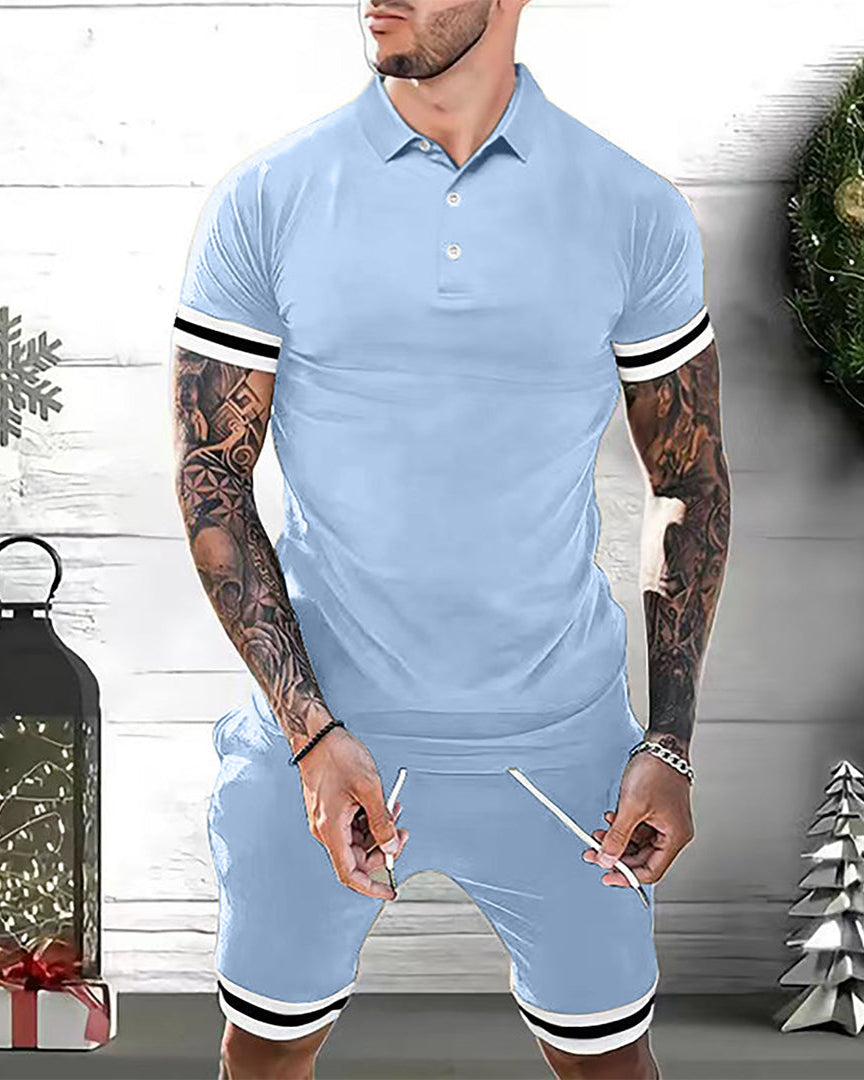 Casual Outfit Set voor Mannen – Lichtgewicht Polo met V-hals en Verstelbare Taille, Shorts met Zijzakken, Beschikbaar in Meerdere Kleuren 9