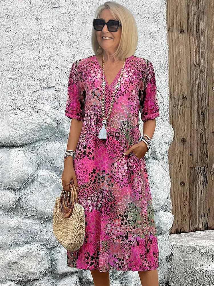 Knielange Zomerjurk Dames met V-hals en Allover-patroon – Comfortabele Losse Pasvorm, Perfect voor Zomerfeesten 2