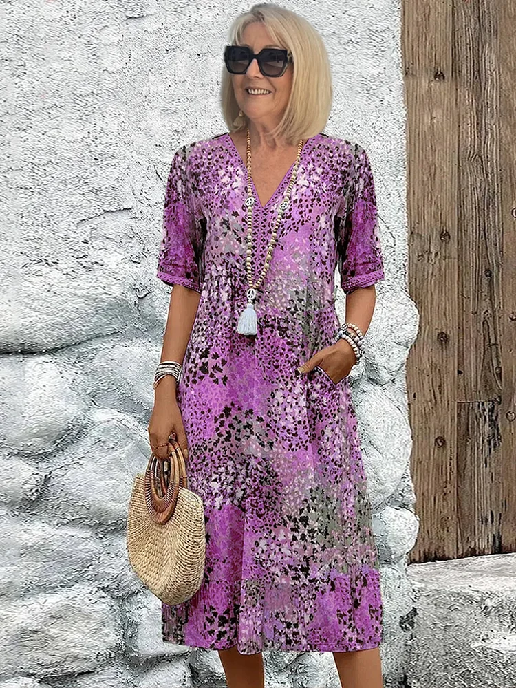 Knielange Zomerjurk Dames met V-hals en Allover-patroon – Comfortabele Losse Pasvorm, Perfect voor Zomerfeesten 3