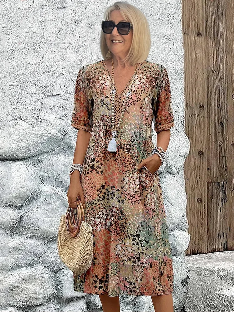 Knielange Zomerjurk Dames met V-hals en Allover-patroon – Comfortabele Losse Pasvorm, Perfect voor Zomerfeesten 4