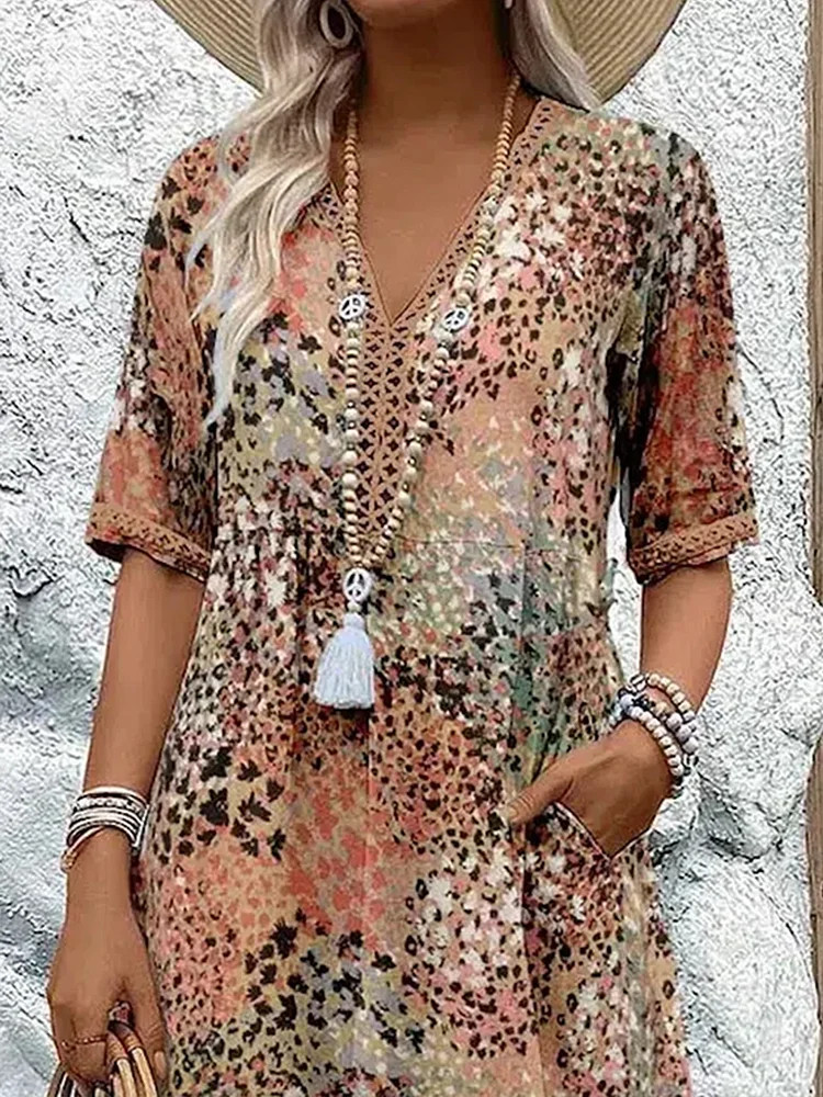 Knielange Zomerjurk Dames met V-hals en Allover-patroon – Comfortabele Losse Pasvorm, Perfect voor Zomerfeesten 5