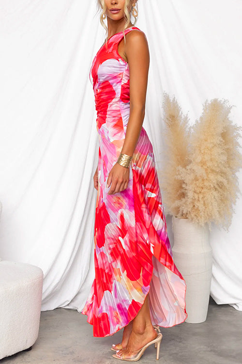 One-Shoulder Zomerjurk Dames met Bloemenpatroon – Geplisseerde Elegante Zomerjurk voor Feesten en Bruiloften 3