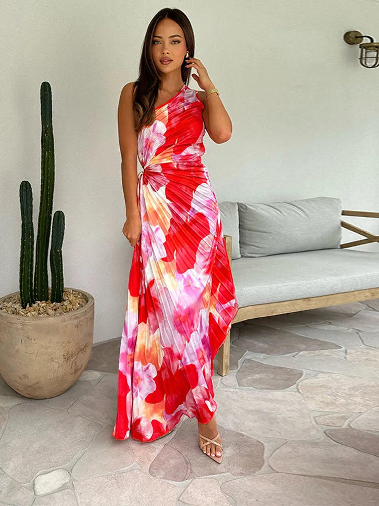 One-Shoulder Zomerjurk Dames met Bloemenpatroon – Geplisseerde Elegante Zomerjurk voor Feesten en Bruiloften 6