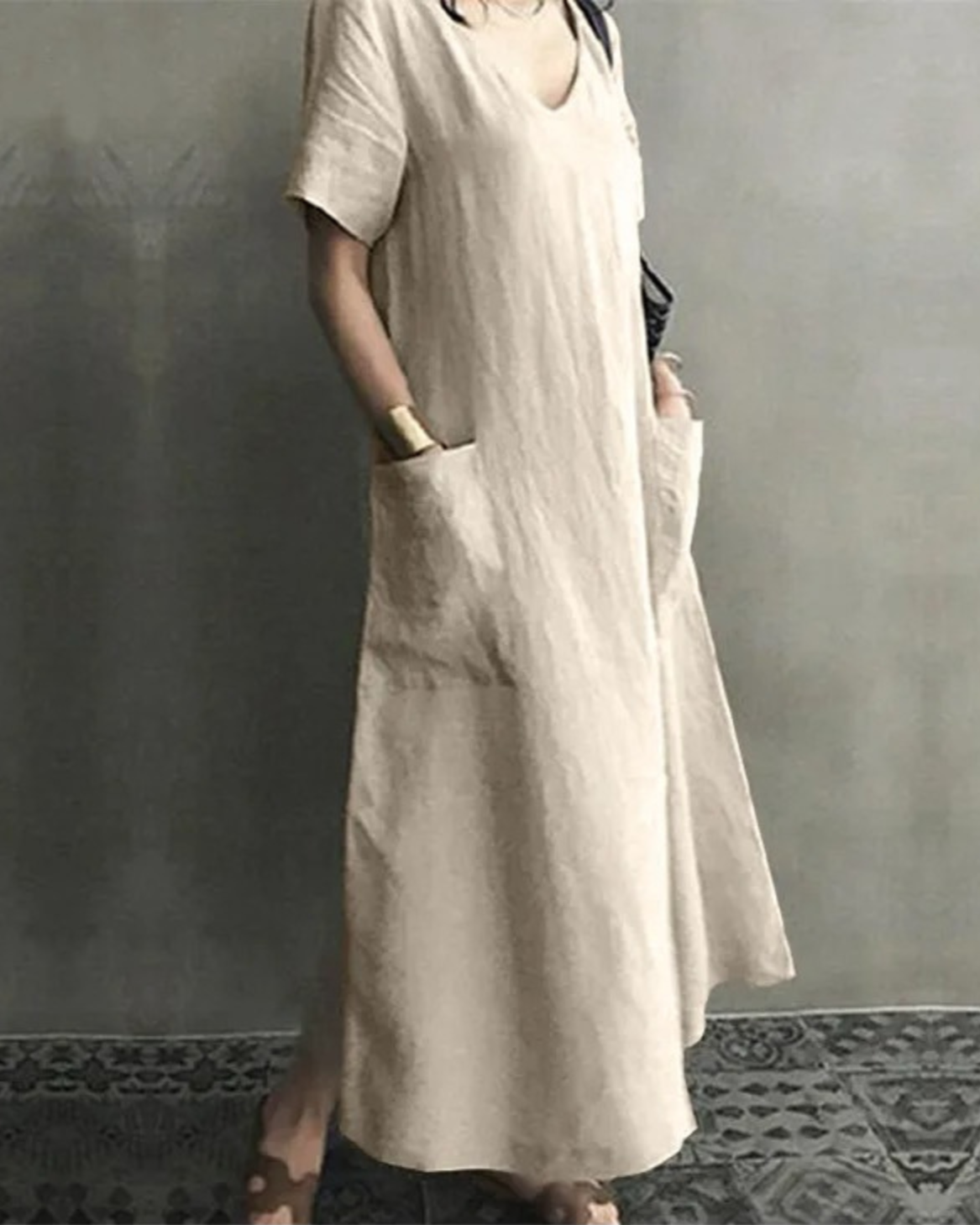 Dzara – Slanke Comfortabele Linnen Jurk met V-Hals – Dames Zomerjurk tot 5XL