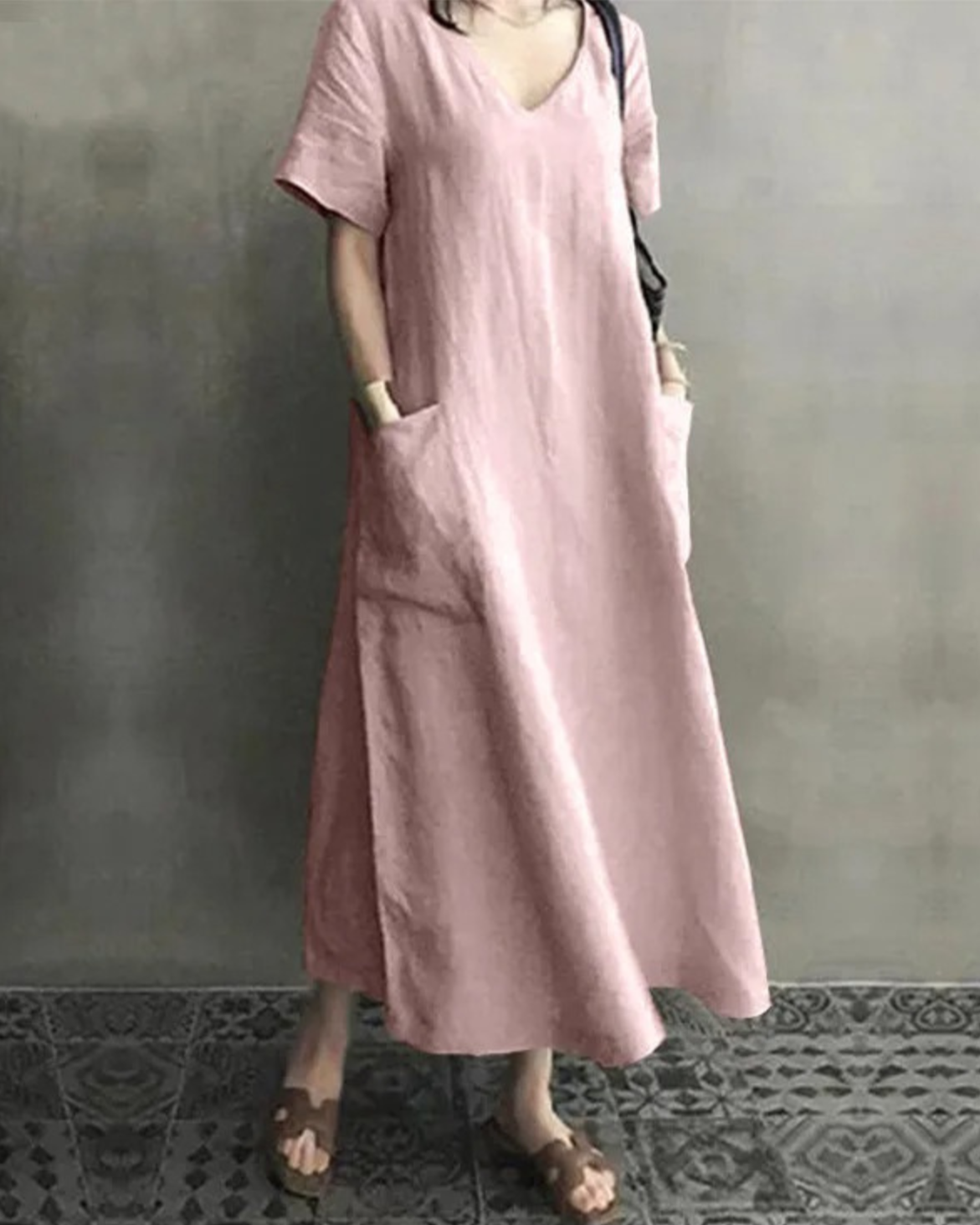 Dzara – Slanke Comfortabele Linnen Jurk met V-Hals – Dames Zomerjurk tot 5XL