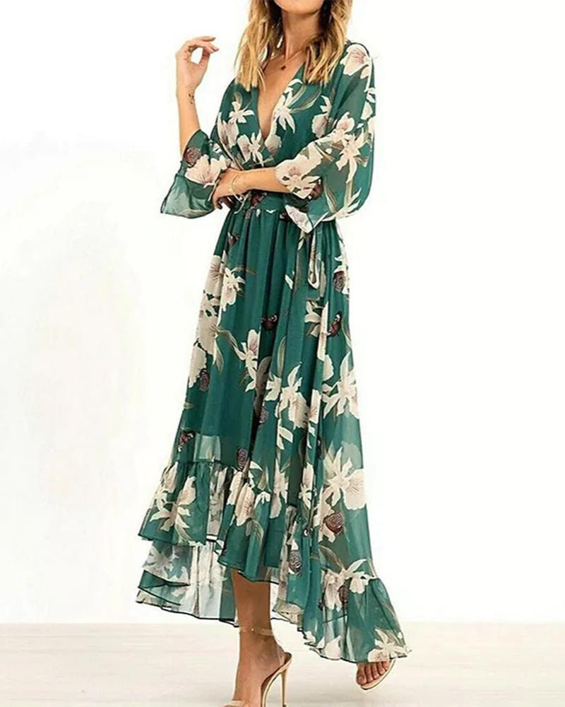 Norelle | Elegante dames maxi-jurk in groen met V-hals, ruches en tailleband