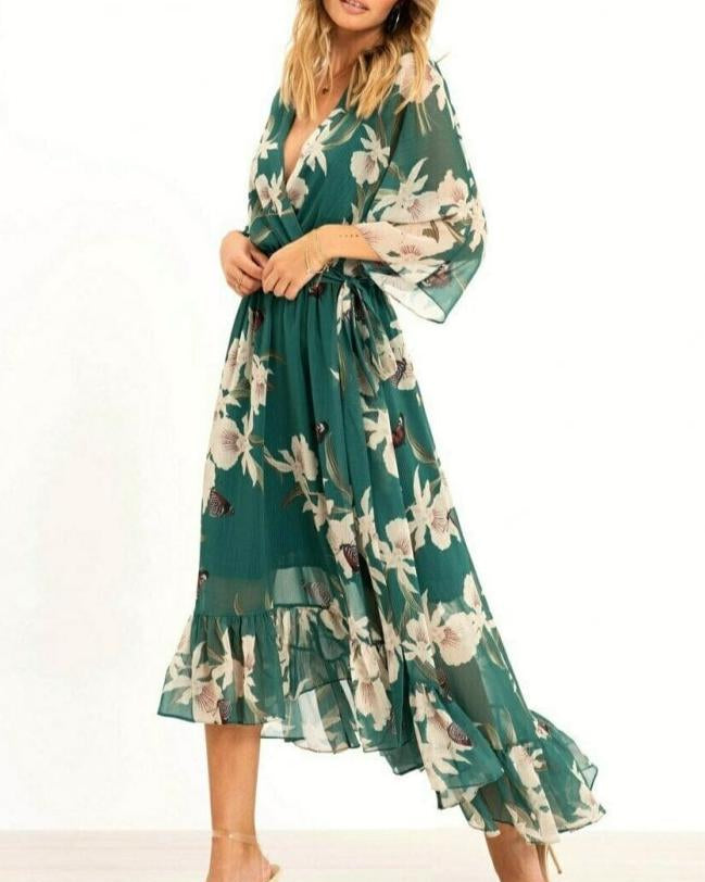 Norelle | Elegante dames maxi-jurk in groen met V-hals, ruches en tailleband