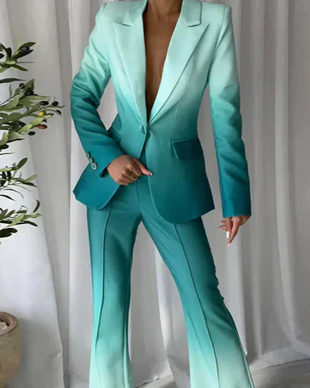 Thaïs – Groene Gradient Jas Set – Dames – Elegant Pak met Getailleerd Jasje