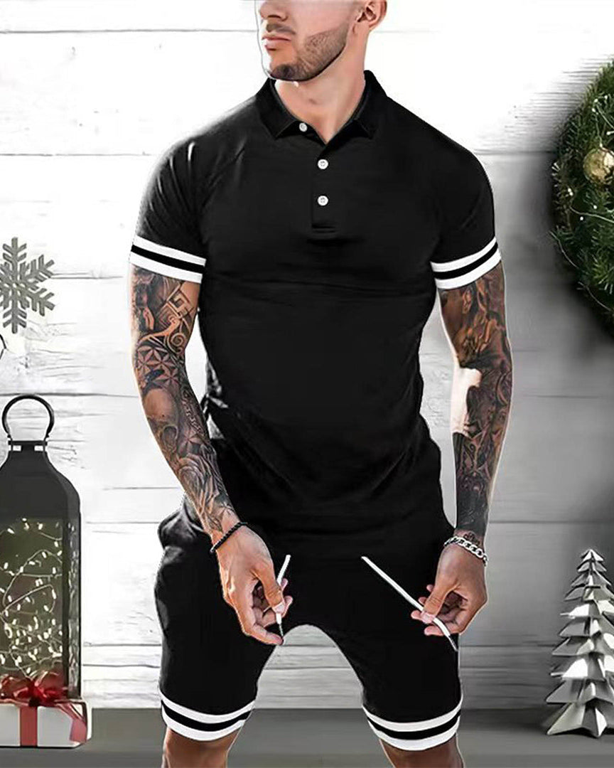 Casual Outfit Set voor Mannen – Lichtgewicht Polo met V-hals en Verstelbare Taille, Shorts met Zijzakken, Beschikbaar in Meerdere Kleuren 0