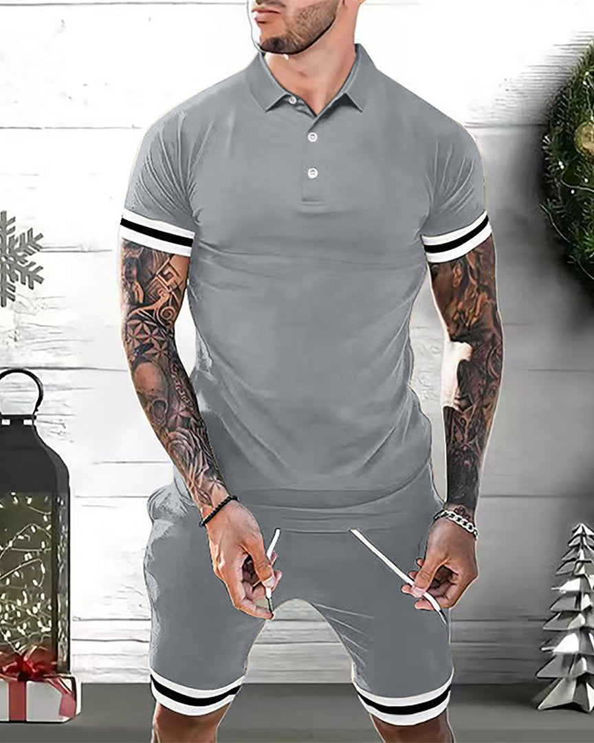 Casual Outfit Set voor Mannen – Lichtgewicht Polo met V-hals en Verstelbare Taille, Shorts met Zijzakken, Beschikbaar in Meerdere Kleuren 7