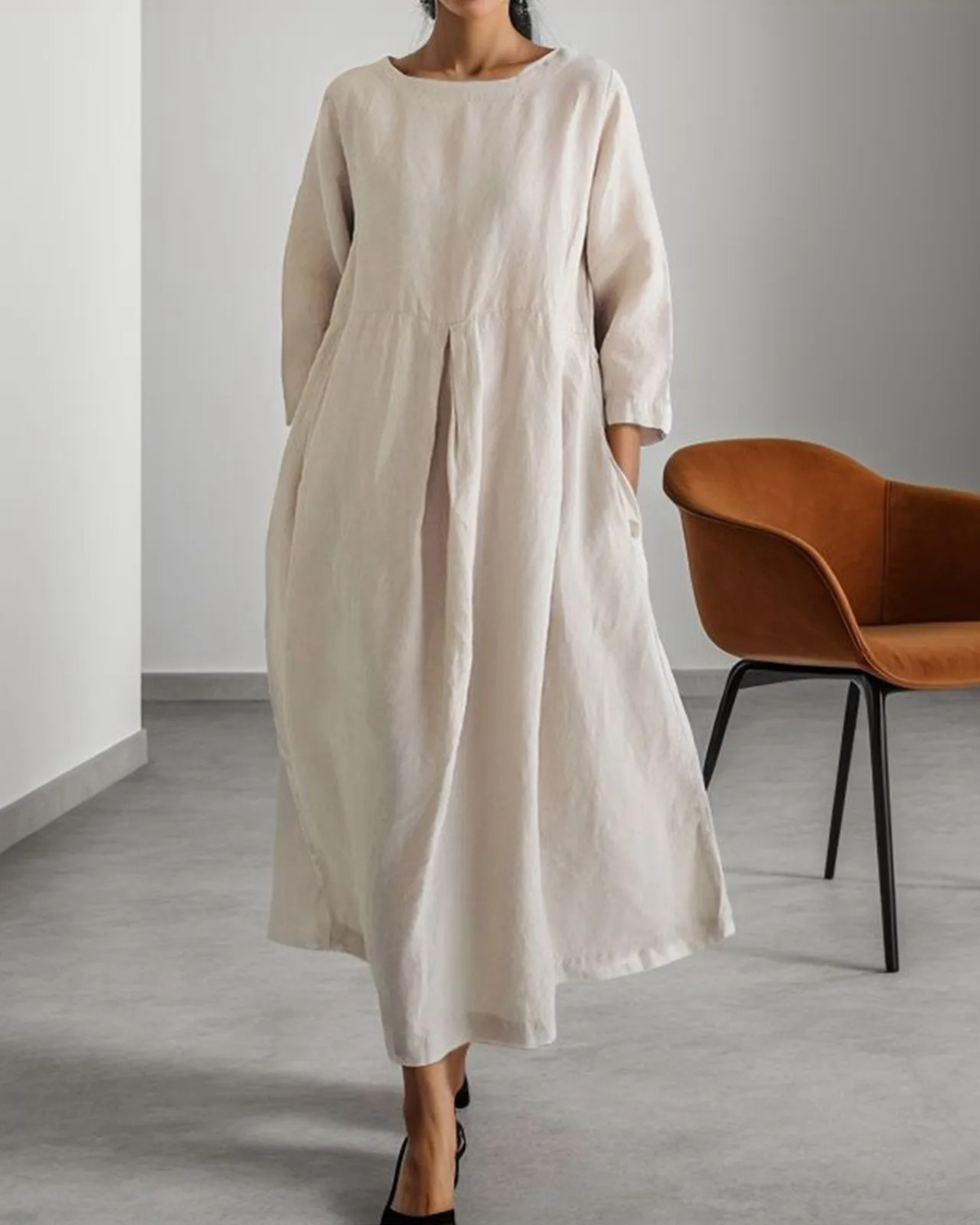 Elena – Eenvoudige Linnen Jurk – Dames Midi Katoenmix met Lange Mouwen