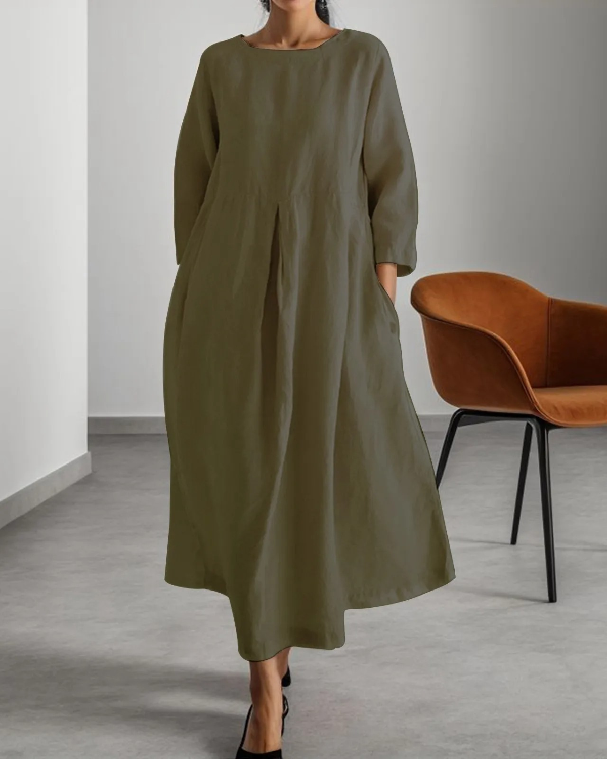 Elena – Eenvoudige Linnen Jurk – Dames Midi Katoenmix met Lange Mouwen