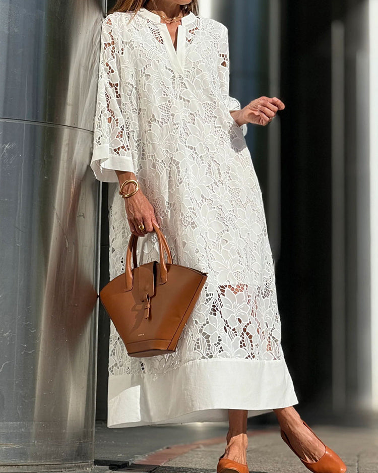 Elegante Kantjurk met Hoge Kraag en 3/4-Mouwen – Luxe Katoen en Polyester, Ideaal voor Zomer en Speciale Gelegenheden 0