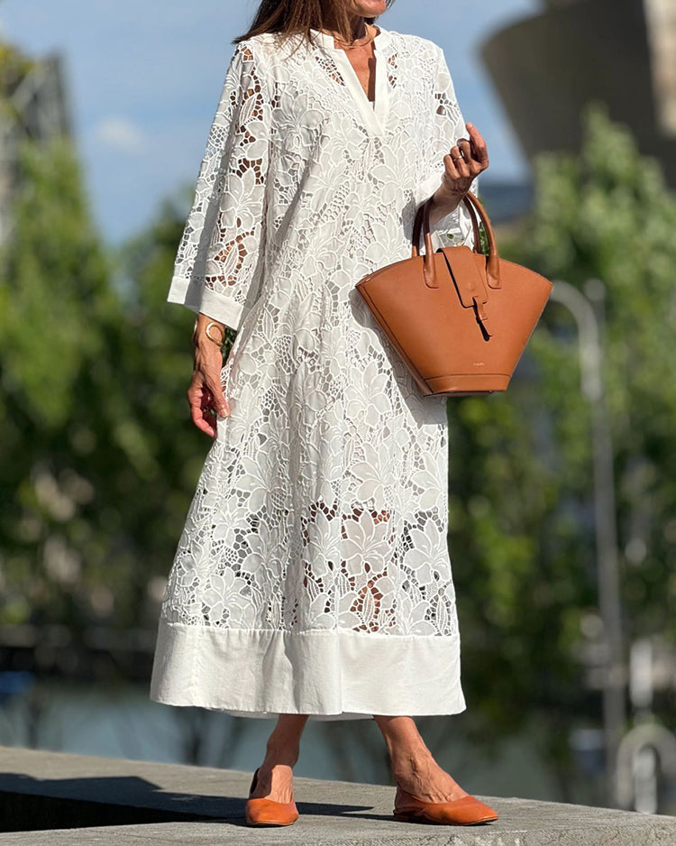 Elegante Kantjurk met Hoge Kraag en 3/4-Mouwen – Luxe Katoen en Polyester, Ideaal voor Zomer en Speciale Gelegenheden 1