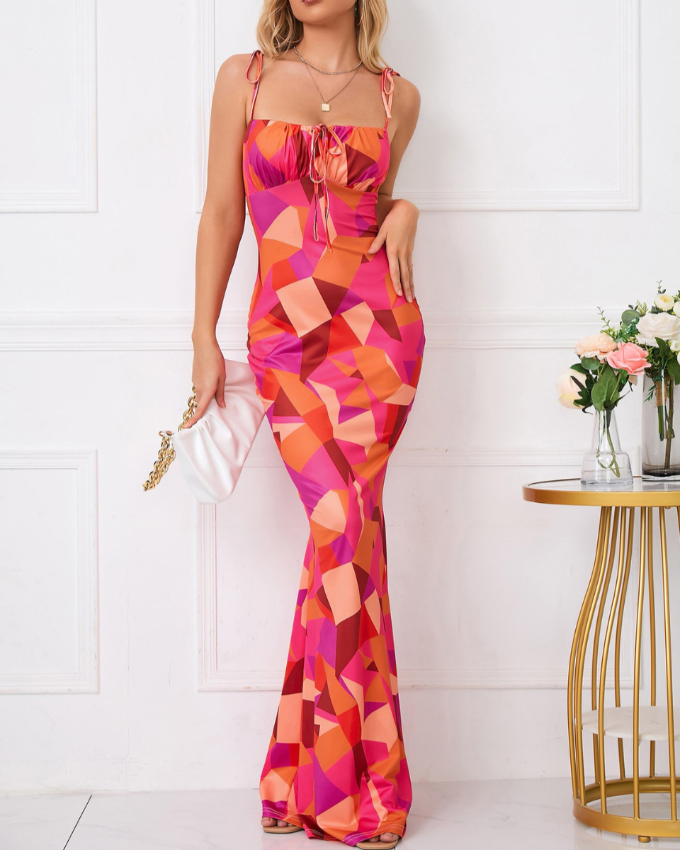 Figuuraccentuerend Maxikleed met Bloemenpatroon en Strikdetails voor Dames – Zomerjurk in Blauw, Maxilengte 9