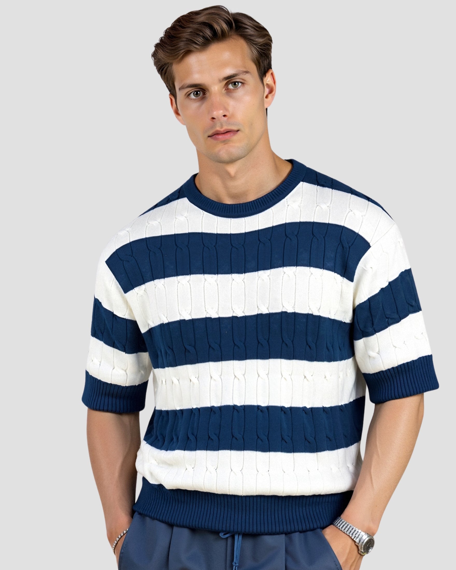 Gestreepte Herenpullover met Korte Mouwen van Katoen – Casual en Stijlvol voor Lente en Zomer 1