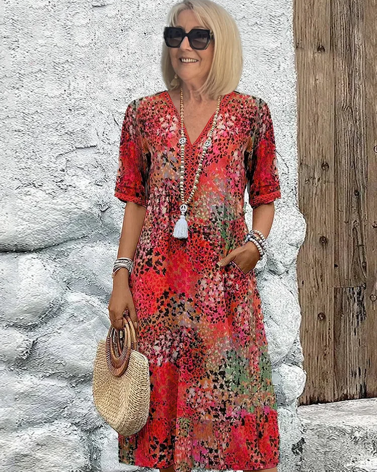 Knielange Zomerjurk Dames met V-hals en Allover-patroon – Comfortabele Losse Pasvorm, Perfect voor Zomerfeesten 0