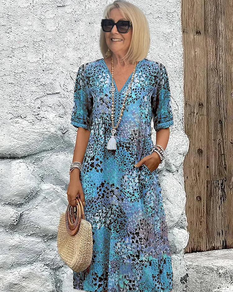 Knielange Zomerjurk Dames met V-hals en Allover-patroon – Comfortabele Losse Pasvorm, Perfect voor Zomerfeesten 1