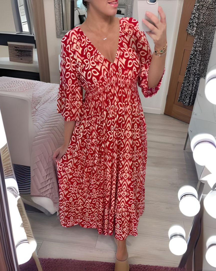 Losse Boho Jurk met V-hals en Grafisch Patroon – Enkellang, 3/4-mouwen, Ideaal voor Warme Dagen 0