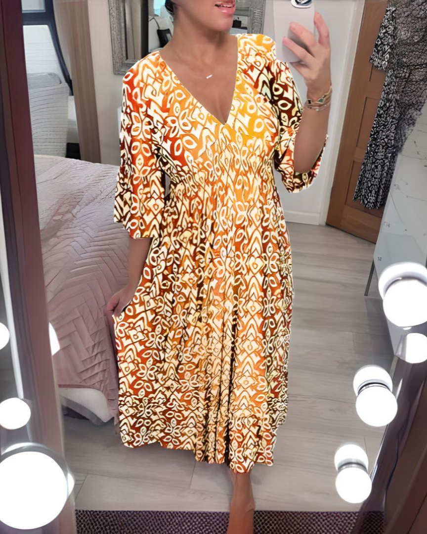 Losse Boho Jurk met V-hals en Grafisch Patroon – Enkellang, 3/4-mouwen, Ideaal voor Warme Dagen 1