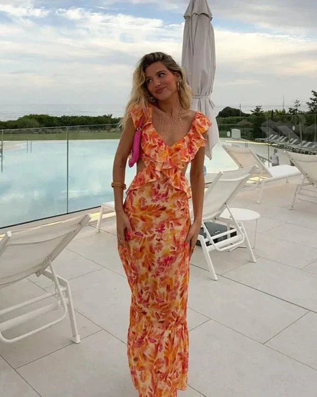Maxi Jurk Dames met V-hals en Bloemenprint – Lange Zomerjurk met Ruches voor Casual en Feestelijke Gelegenheden 0