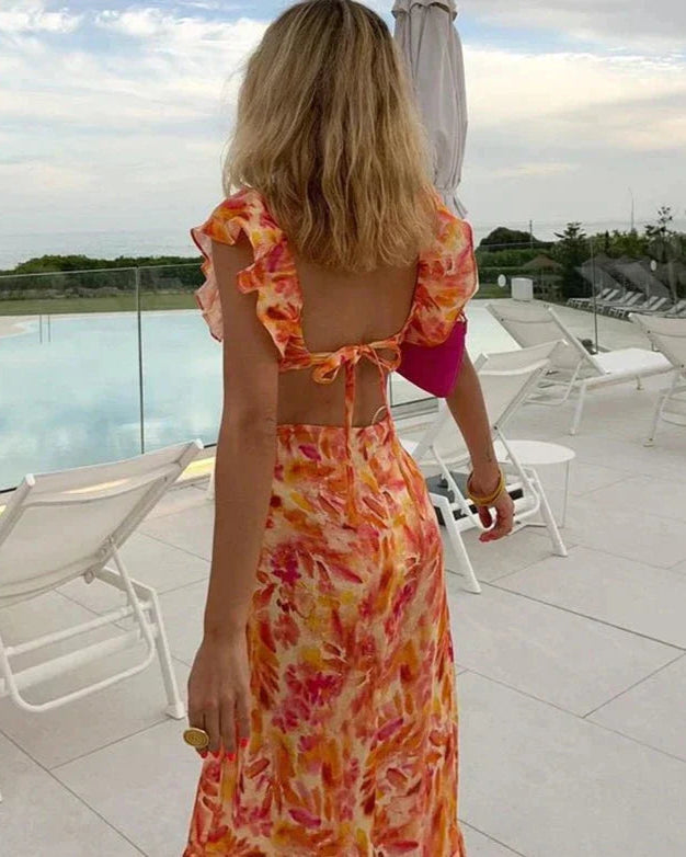 Maxi Jurk Dames met V-hals en Bloemenprint – Lange Zomerjurk met Ruches voor Casual en Feestelijke Gelegenheden 1
