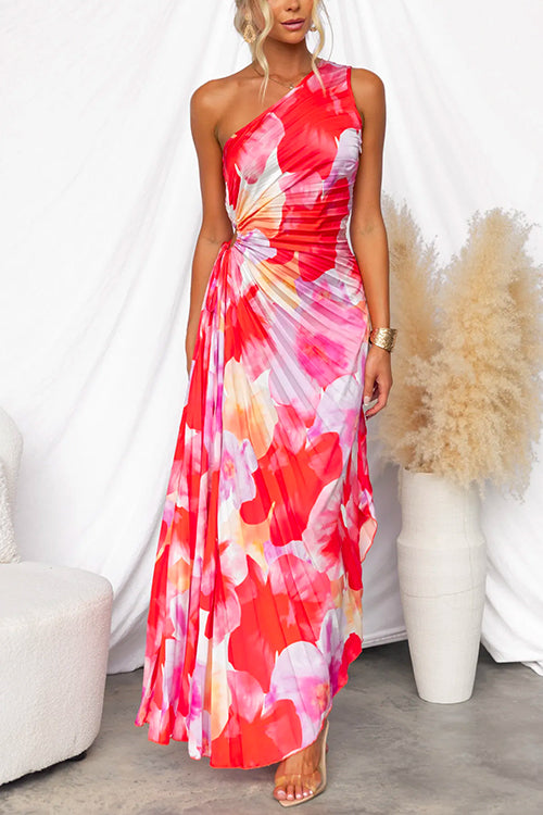 One-Shoulder Zomerjurk Dames met Bloemenpatroon – Geplisseerde Elegante Zomerjurk voor Feesten en Bruiloften 0