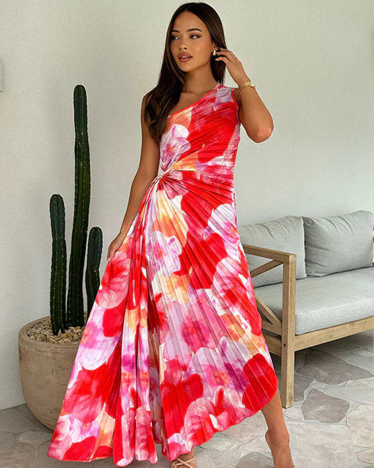 One-Shoulder Zomerjurk Dames met Bloemenpatroon – Geplisseerde Elegante Zomerjurk voor Feesten en Bruiloften 5