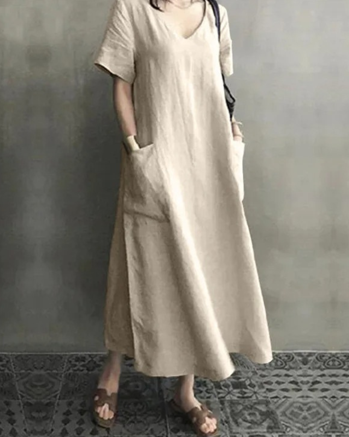 Dzara – Slanke Comfortabele Linnen Jurk met V-Hals – Dames Zomerjurk tot 5XL