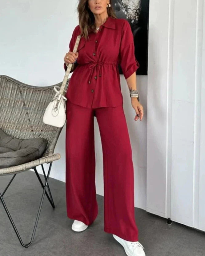 Livia – Chic Tweedelig Set Dames – Verstelbare Top & Wijde Broek – Lichtgewicht Comfort